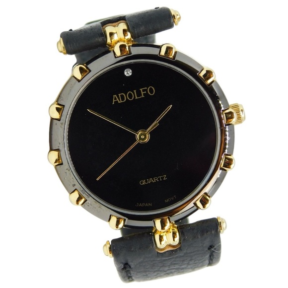 Accessories - NWT ADOLFO Genuine Leather Quartz Analog Women's Watch In Black/Hold Hardware